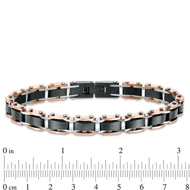 Men's Triple Row Rectangle Link Bracelet in Stainless Steel and Black and Rose IP - 8.5"|Peoples Jewellers