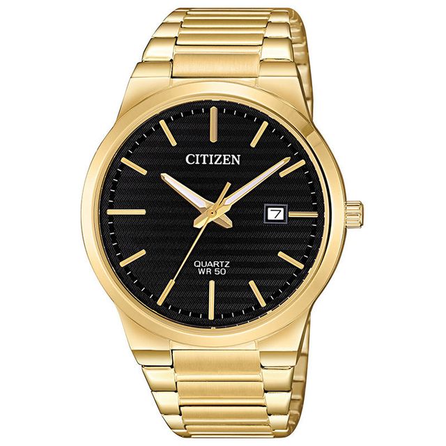 Men's Citizen Quartz Gold-Tone Watch with Black Dial (Model: BI5062-55E)