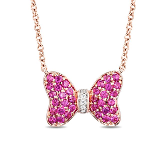 Mickey Mouse & Minnie Mouse Garnet and Diamond Accent Bow Necklace in 10K Rose Gold - 17.3"|Peoples Jewellers