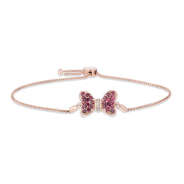 Mickey Mouse & Minnie Mouse Garnet and Diamond Accent Bow Bolo Bracelet in 10K Rose Gold - 8.5"