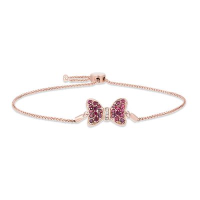 Mickey Mouse & Minnie Mouse Garnet and Diamond Accent Bow Bolo Bracelet in 10K Rose Gold - 8.5"|Peoples Jewellers