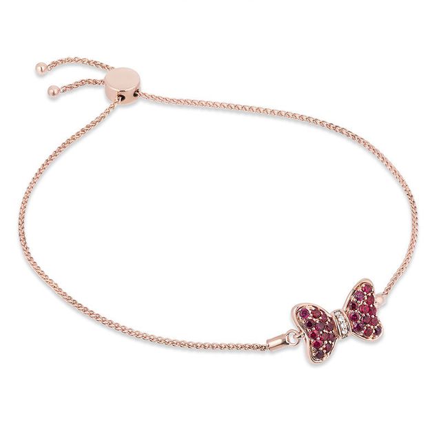 Mickey Mouse & Minnie Mouse Garnet and Diamond Accent Bow Bolo Bracelet in 10K Rose Gold - 8.5"|Peoples Jewellers