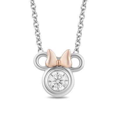 Mickey Mouse & Minnie Mouse 0.23 CT. Diamond Solitaire Pendant in Sterling Silver and 10K Rose Gold - 19"|Peoples Jewellers