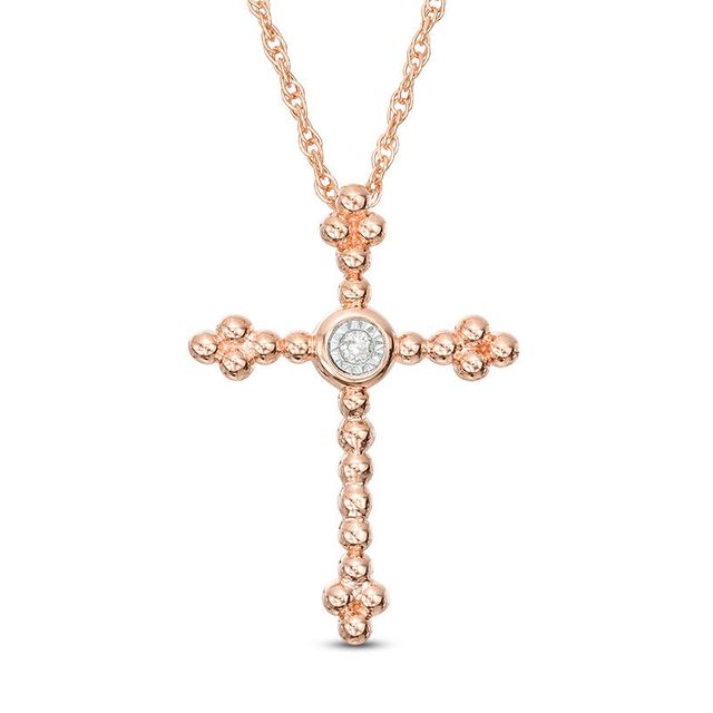 Diamond Accent Beaded Cross Pendant in 10K Rose Gold