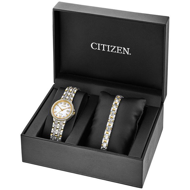 Ladies' Citizen Eco-Drive® Crystal Accent Two-Tone Watch with Silver-Tone Dial and Bracelet Box Set (Model: EW2344-65A)|Peoples Jewellers