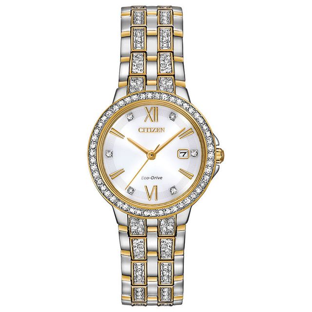 Ladies' Citizen Eco-Drive® Crystal Accent Two-Tone Watch with Silver-Tone Dial and Bracelet Box Set (Model: EW2344-65A)|Peoples Jewellers