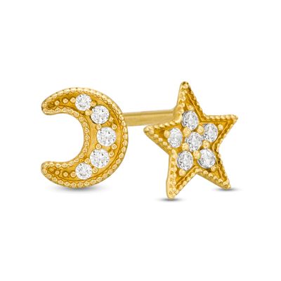 Cubic Zirconia Beaded Crescent Moon and Star Mismatch Stud Earrings in 10K Gold|Peoples Jewellers