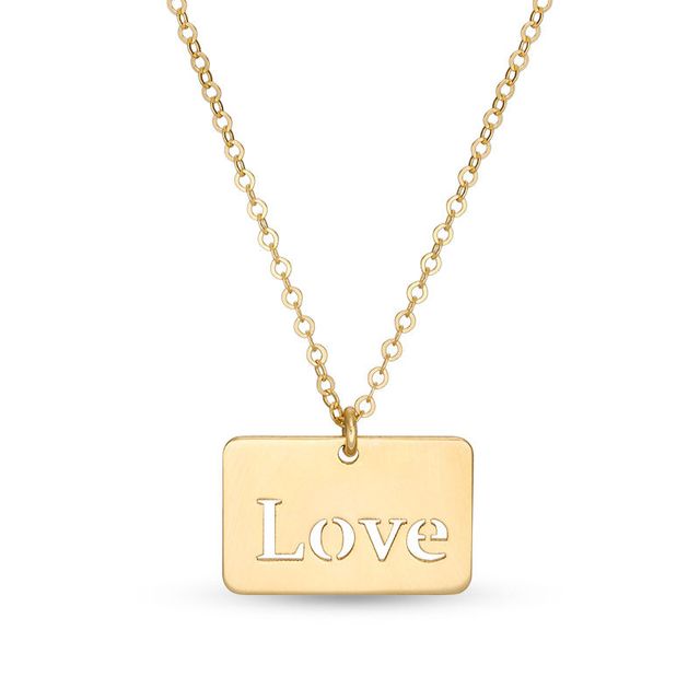 "Love" Laser-Cut Rectangular Pendant in 14K Gold|Peoples Jewellers