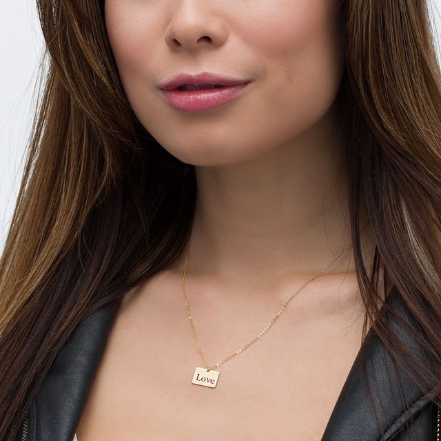 "Love" Laser-Cut Rectangular Pendant in 14K Gold