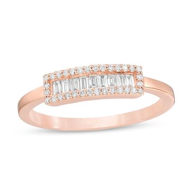 0.16 CT. T.W. Baguette and Round Diamond Sideways Rectangular Frame Ring in 10K Rose Gold|Peoples Jewellers