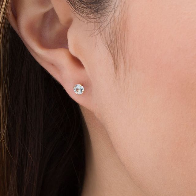 4.0mm Aquamarine Solitaire Stud Earrings in 14K Gold|Peoples Jewellers