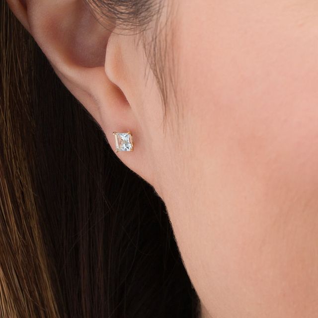 4.0mm Princess-Cut Aquamarine Solitaire Stud Earrings in 14K Gold|Peoples Jewellers