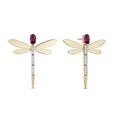 Enchanted Disney Mulan Oval Garnet and 0.04 CT. T.W. Diamond Dragonfly Drop Earrings in 10K Gold|Peoples Jewellers