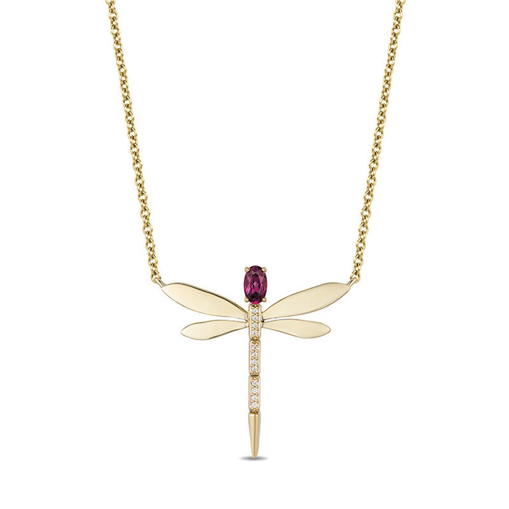Enchanted Disney Mulan Oval Rhodolite Garnet and Diamond Accent Dragonfly Necklace in 10K Gold|Peoples Jewellers