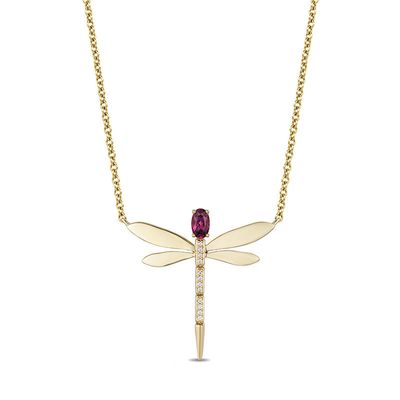 Enchanted Disney Mulan Oval Rhodolite Garnet and Diamond Accent Dragonfly Necklace in 10K Gold|Peoples Jewellers