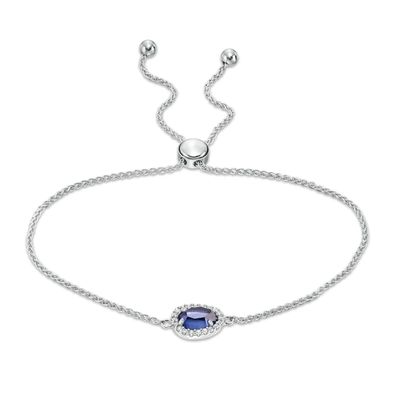 Sideways Pear-Shaped Lab-Created Blue and White Sapphire Frame Bolo Bracelet in Sterling Silver - 9.0"|Peoples Jewellers