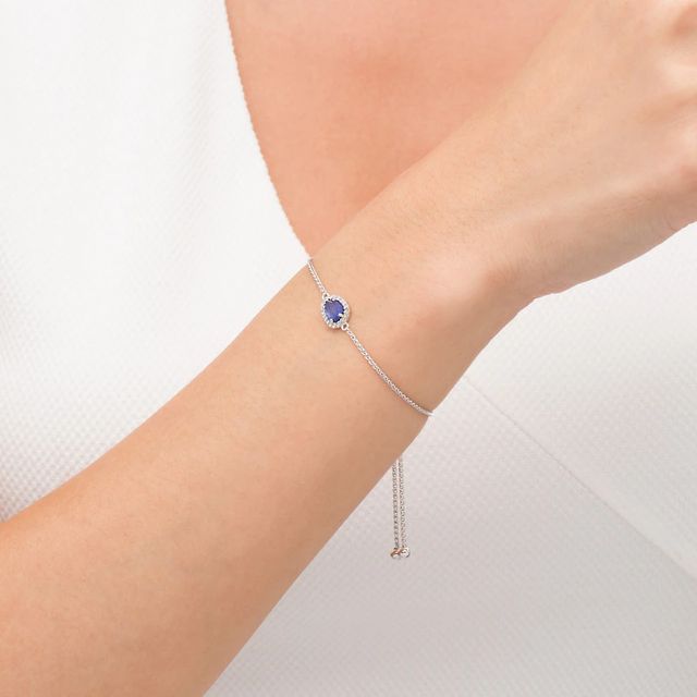 Sideways Pear-Shaped Lab-Created Blue and White Sapphire Frame Bolo Bracelet in Sterling Silver - 9.0"|Peoples Jewellers