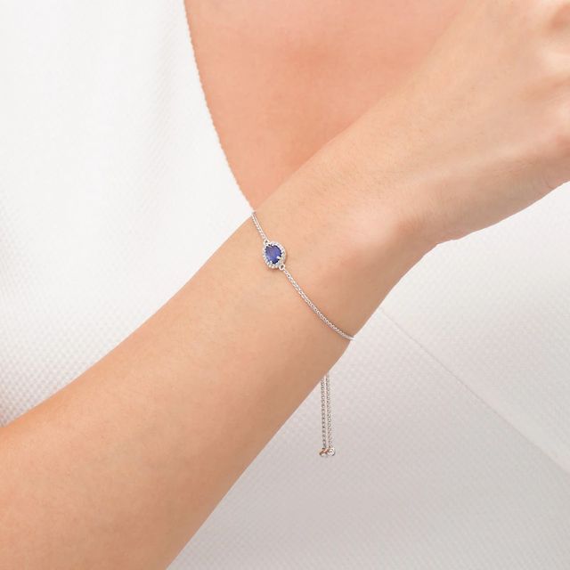 Sideways Pear-Shaped Lab-Created Blue and White Sapphire Frame Bolo Bracelet in Sterling Silver - 9.0"