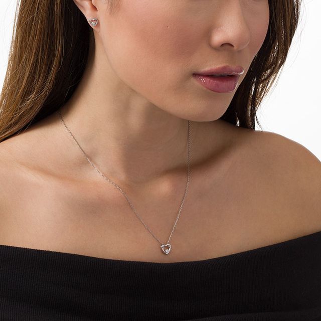 Diamond Accent Solitaire Heart Pendant and Stud Earrings Set in Sterling Silver|Peoples Jewellers