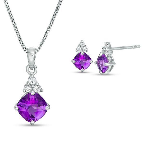 Tilted Cushion-Cut Amethyst and Lab-Created White Sapphire Tri-Top Pendant and Stud Earrings Set in Sterling Silver|Peoples Jewellers