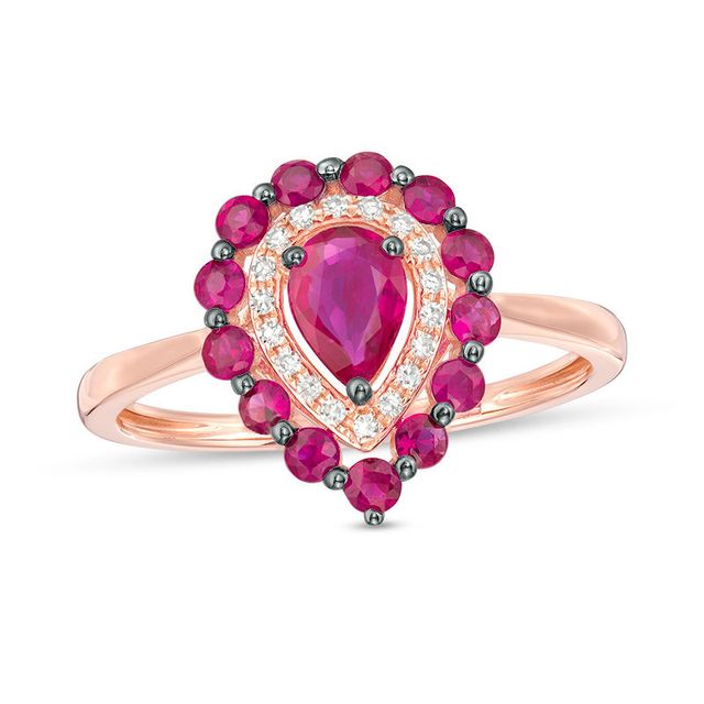 EFFY™ Collection Pear-Shaped Ruby and 0.07 CT. T.W. Diamond Frame Ring in 14K Rose Gold|Peoples Jewellers