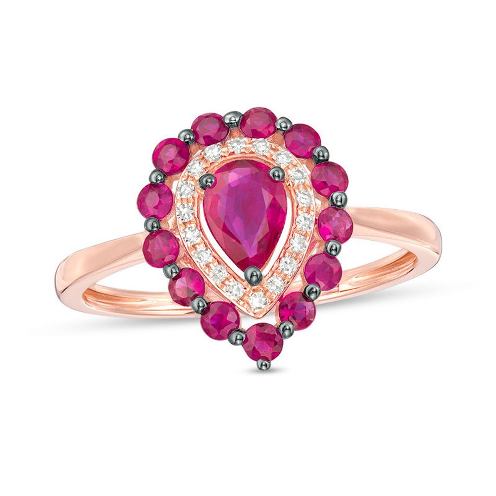 EFFY™ Collection Pear-Shaped Ruby and 0.07 CT. T.W. Diamond Frame Ring in 14K Rose Gold|Peoples Jewellers