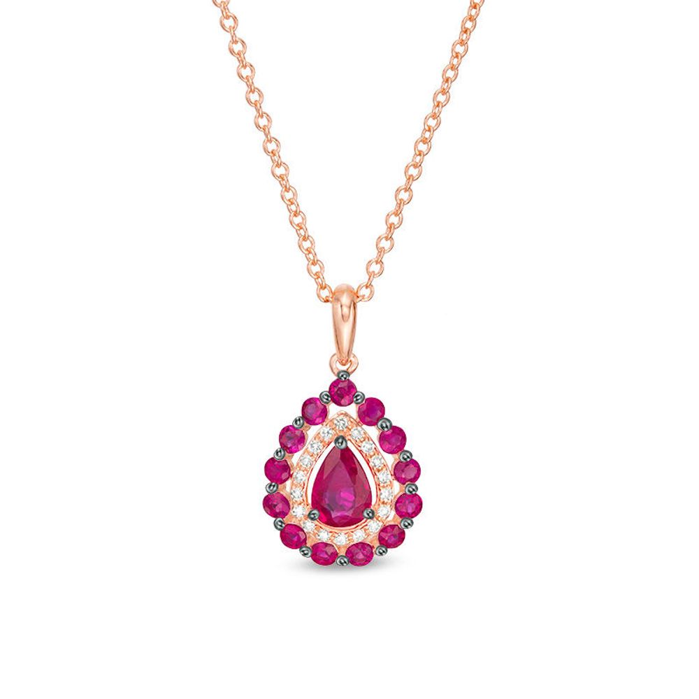 EFFY™ Collection Pear-Shaped Ruby and 0.07 CT. T.W. Diamond Frame Pendant in 14K Rose Gold|Peoples Jewellers