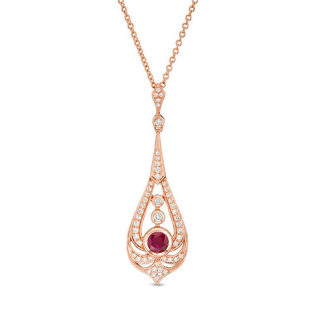 EFFY™ Collection 4.0mm Ruby and 0.20 CT. T.W. Diamond Pendulum Vintage-Style Pendant in 14K Rose Gold|Peoples Jewellers