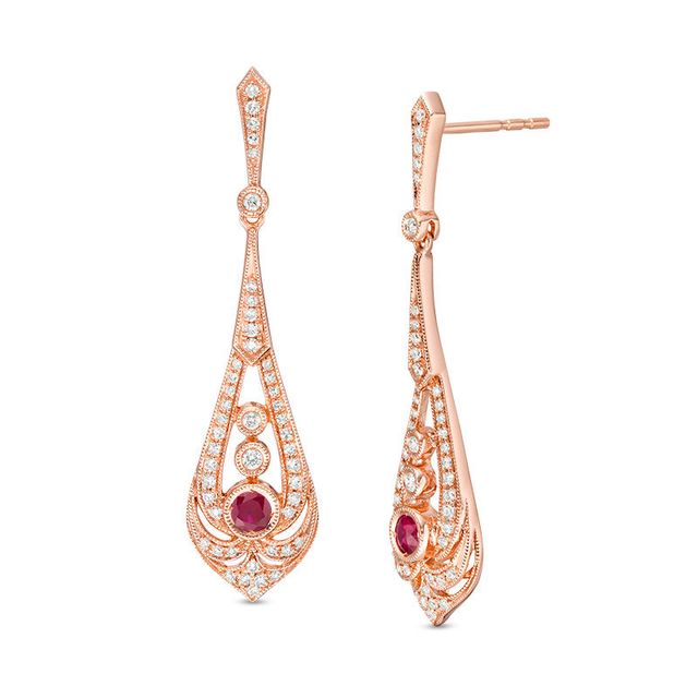 EFFY™ Collection Ruby and 0.37 CT. T.W. Diamond Pendulum Vintage-Style Drop Earrings in 14K Rose Gold