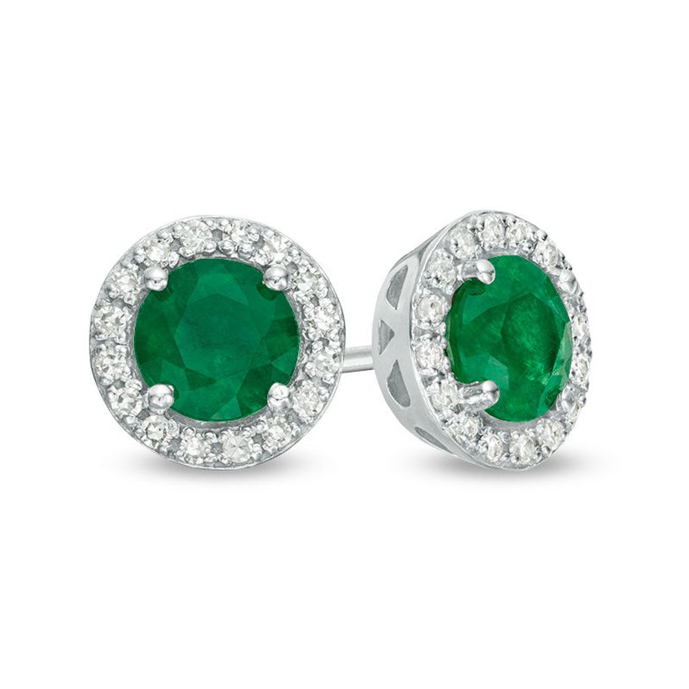 EFFY™ Collection 5.0mm Emerald and 0.12 CT. T.W. Diamond Frame Stud Earrings in 14K White Gold|Peoples Jewellers