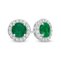 EFFY™ Collection 5.0mm Emerald and 0.12 CT. T.W. Diamond Frame Stud Earrings in 14K White Gold|Peoples Jewellers