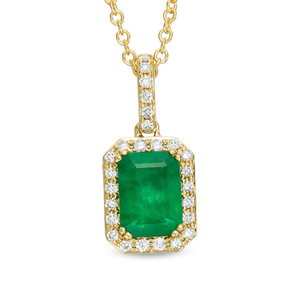 EFFY™ Collection Emerald-Cut Emerald and 0.13 CT. T.W. Diamond Frame Pendant in 14K Gold|Peoples Jewellers