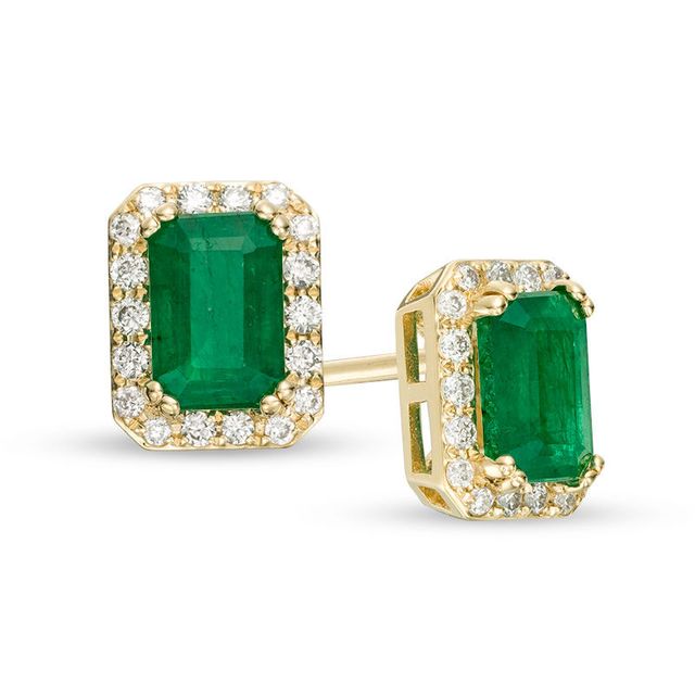 EFFY™ Collection Emerald-Cut Emerald and 0.18 CT. T.W. Diamond Frame Stud Earrings in 14K Gold|Peoples Jewellers