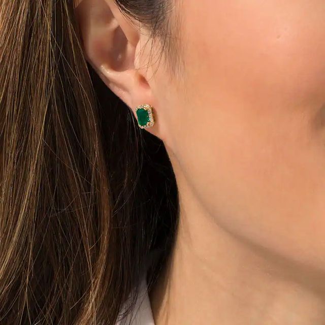 EFFY™ Collection Emerald-Cut Emerald and 0.18 CT. T.W. Diamond Frame Stud Earrings in 14K Gold|Peoples Jewellers