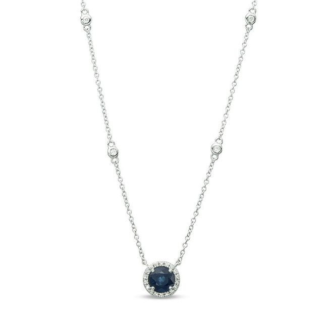 EFFY™ Collection 6.0mm Blue Sapphire and 0.10 CT. T.W. Diamond Frame and Station Necklace in 14K White Gold|Peoples Jewellers