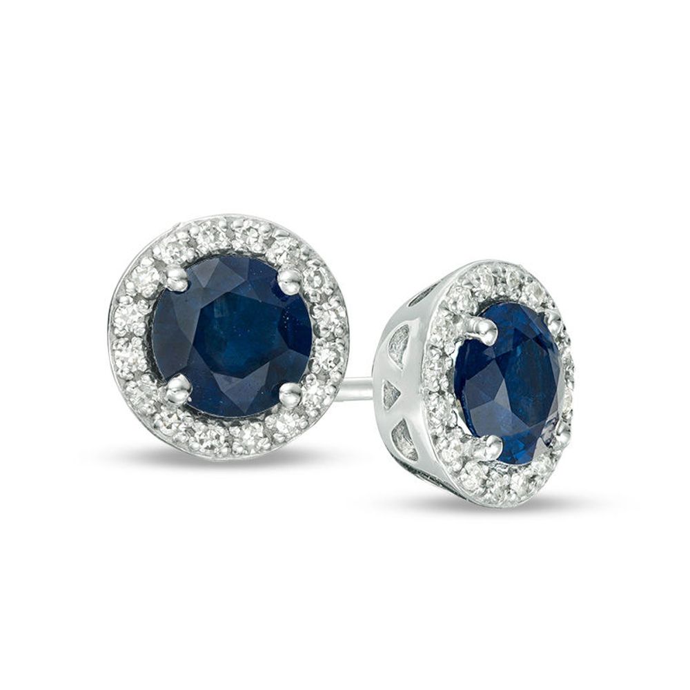 EFFY™ Collection 5.0mm Blue Sapphire and 0.12 CT. T.W. Diamond Frame Stud Earrings in 14K White Gold|Peoples Jewellers