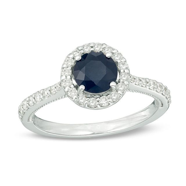 EFFY™ Collection 6.0mm Blue Sapphire and 0.33 CT. T.W. Diamond Frame Vintage-Style Ring in 14K White Gold|Peoples Jewellers