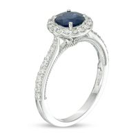 EFFY™ Collection 6.0mm Blue Sapphire and 0.33 CT. T.W. Diamond Frame Vintage-Style Ring in 14K White Gold|Peoples Jewellers