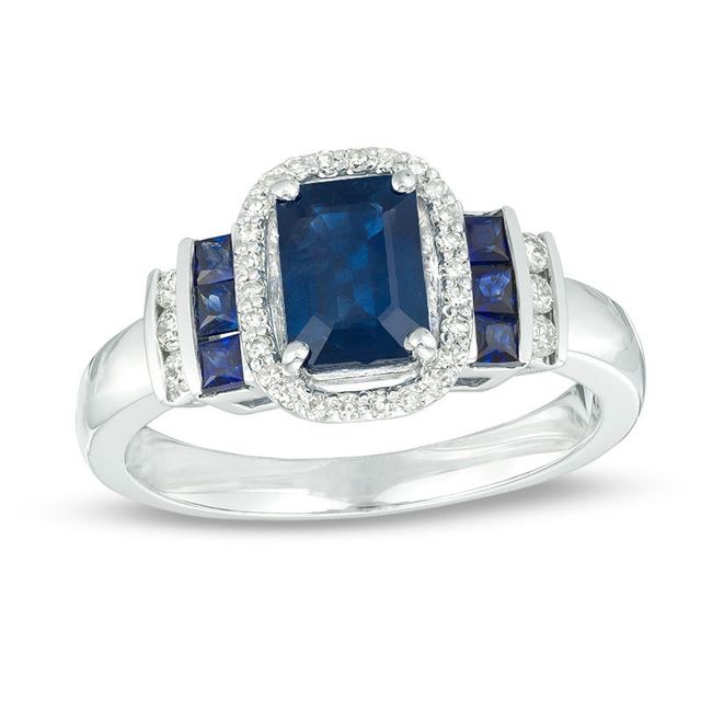 EFFY™ Collection Emerald-Cut Blue Sapphire and 0.19 CT. T.W. Diamond Frame Collar Ring in 14K White Gold|Peoples Jewellers