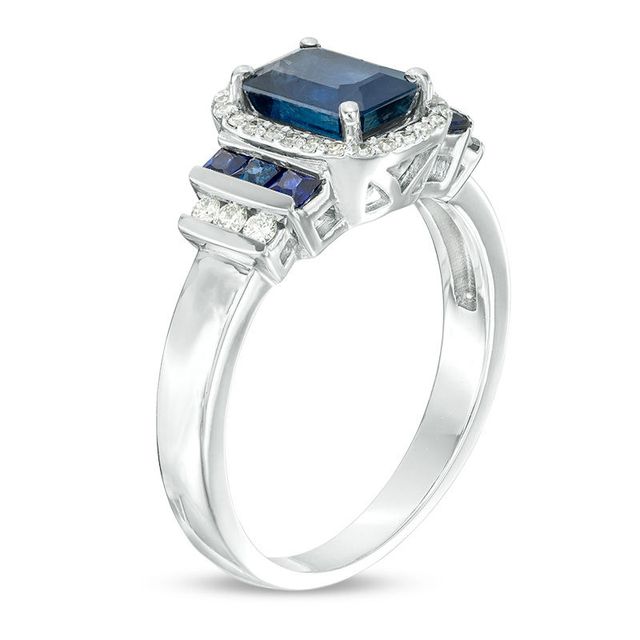 EFFY™ Collection Emerald-Cut Blue Sapphire and 0.19 CT. T.W. Diamond Frame Collar Ring in 14K White Gold|Peoples Jewellers