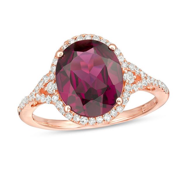 EFFY™ Collection Oval Rhodolite Garnet and 0.29 CT. T.W. Diamond Frame V-Sides Ring in 14K Rose Gold