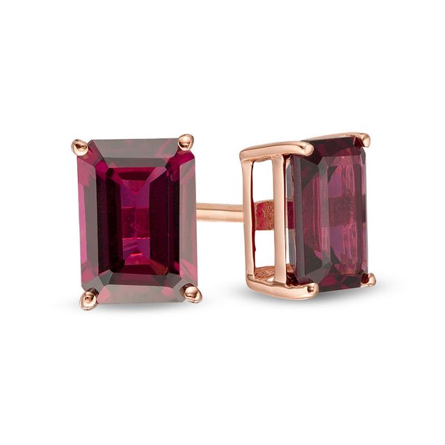 EFFY™ Collection Emerald-Cut Rhodolite Garnet Solitaire Stud Earrings in 14K Rose Gold|Peoples Jewellers