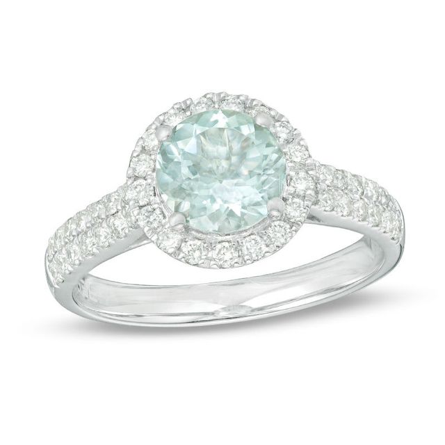 EFFY™ Collection 7.0mm Aquamarine and 0.44 CT. T.W. Diamond Frame Ring in 14K White Gold|Peoples Jewellers