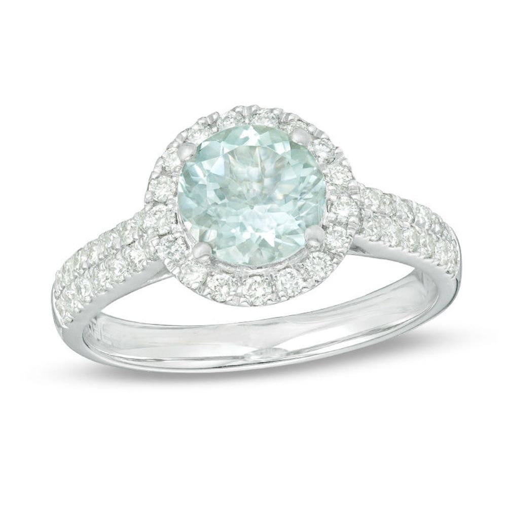 EFFY™ Collection 7.0mm Aquamarine and 0.44 CT. T.W. Diamond Frame Ring in 14K White Gold|Peoples Jewellers