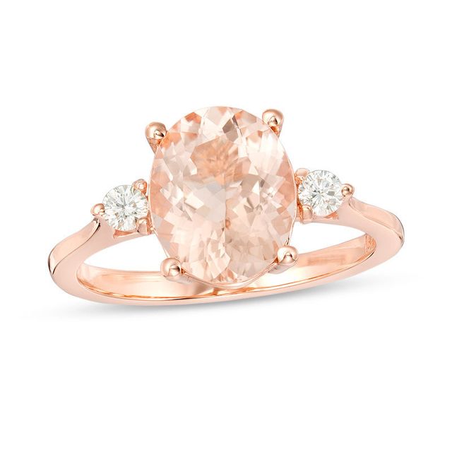 EFFY™ Collection Oval Morganite and 0.11 CT. T.W. Diamond Three Stone Ring in 14K Rose Gold|Peoples Jewellers