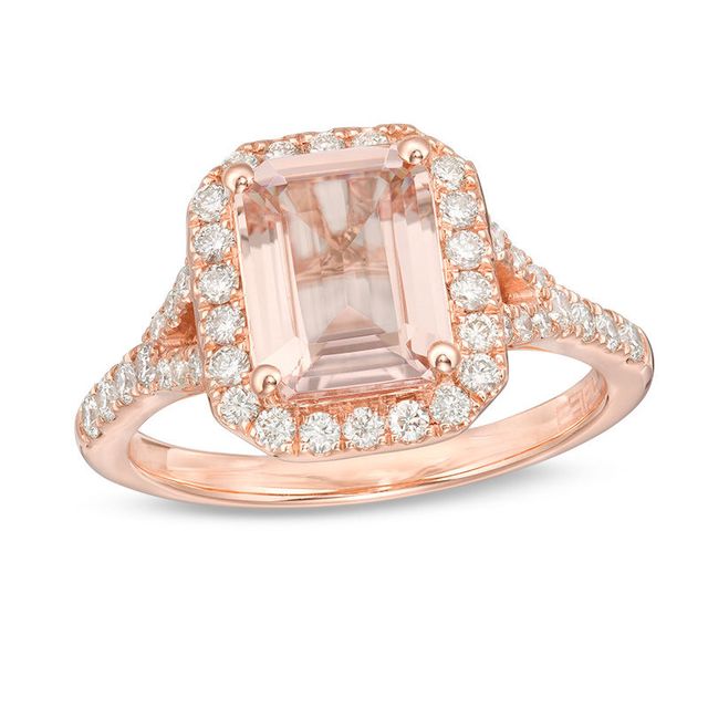 EFFY™ Collection Emerald-Cut Morganite and 0.48 CT. T.W. Diamond Frame Ring in 14K Rose Gold|Peoples Jewellers