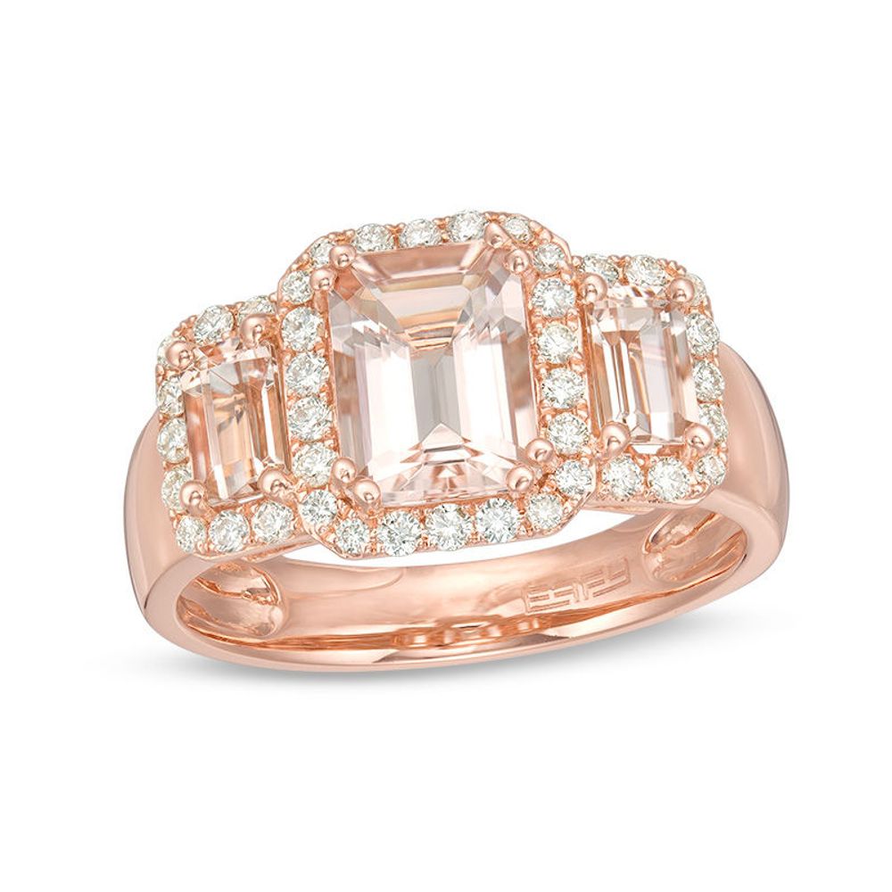 EFFY™ Collection Emerald-Cut Morganite and 0.30 CT. T.W. Diamond Three Stone Frame Ring in 14K Rose Gold|Peoples Jewellers