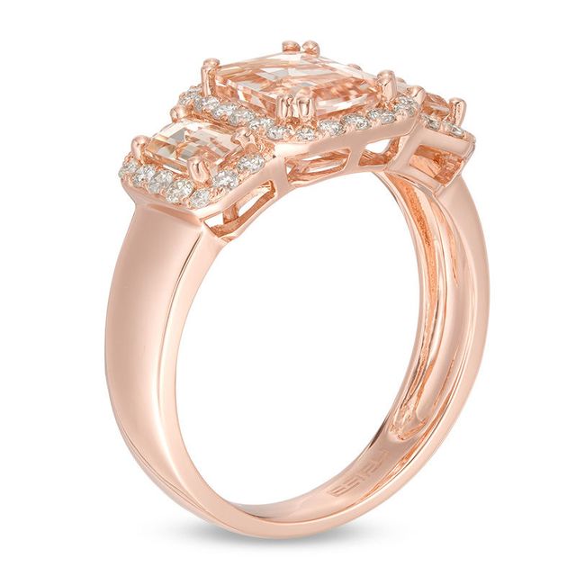 EFFY™ Collection Emerald-Cut Morganite and 0.30 CT. T.W. Diamond Three Stone Frame Ring in 14K Rose Gold|Peoples Jewellers