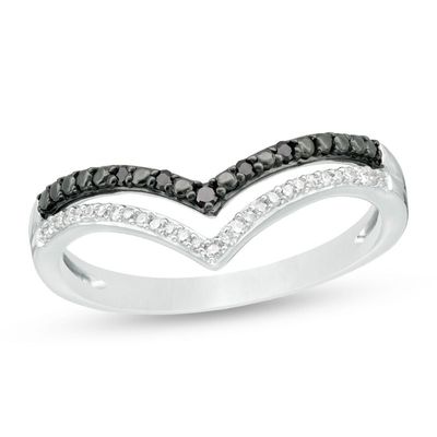 0.10 CT. T.W. Enhanced Black and White Diamond Double Row Chevron Ring in Sterling Silver|Peoples Jewellers
