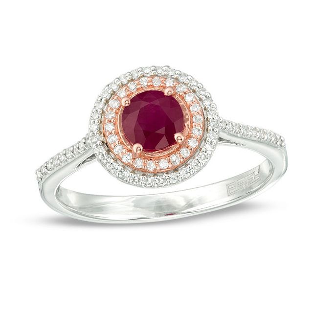 EFFY™ Collection 5.0mm Ruby and 0.20 CT. T.W. Diamond Double Frame Ring in 14K Two-Tone Gold|Peoples Jewellers